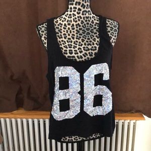 Pink sequin “86” muscle tank
